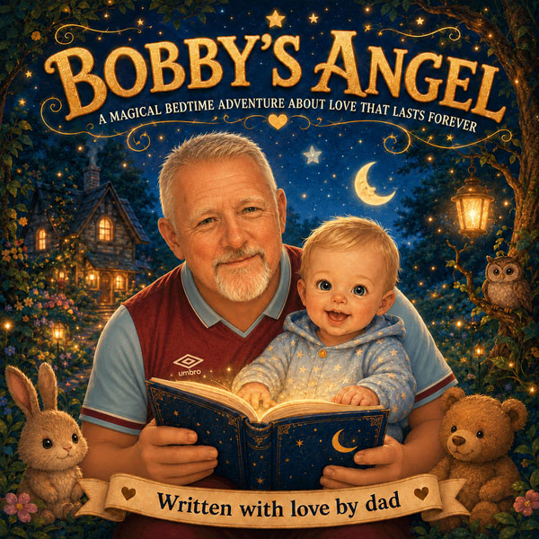 Bedtime children's book cover with a grandfather and baby