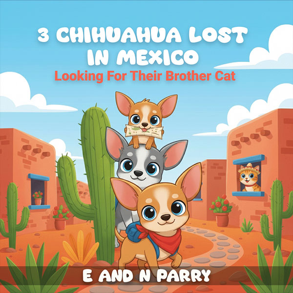 Children's travel adventure cover featuring three small dogs