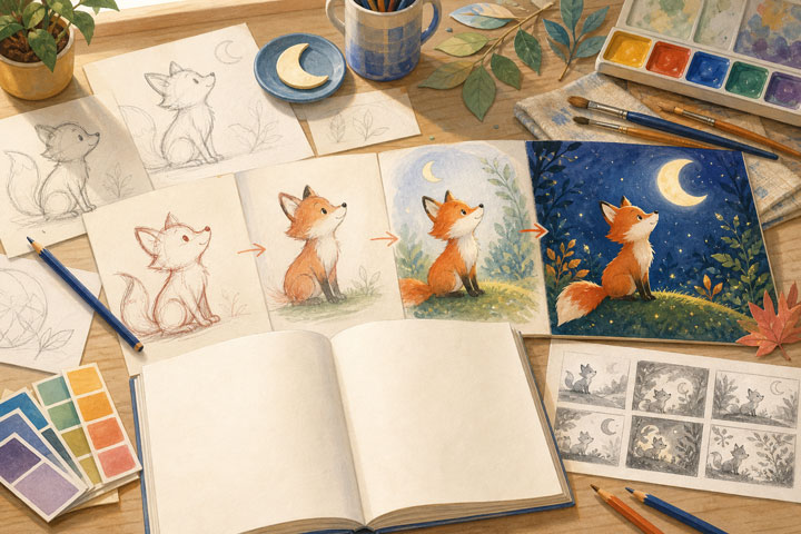 A creative studio desk showing a fox character developing from pencil sketch to finished storybook illustration