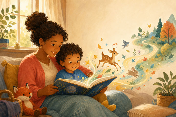 A parent and child reading together as woodland animals and a winding trail emerge from the story